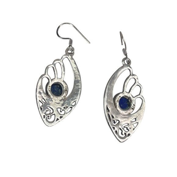 Sterling Silver Lapis Gemstone Dangle Earrings With Intricate Filigree Design Bo - Picture 8 of 10